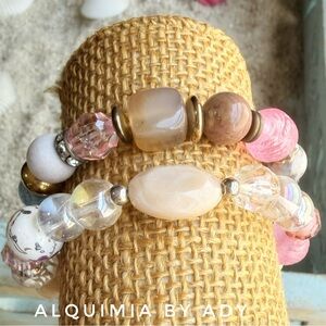 CURATED FOR SPRING Pink, Cream & Gold GEMSTONES Stretch Bracelet Set